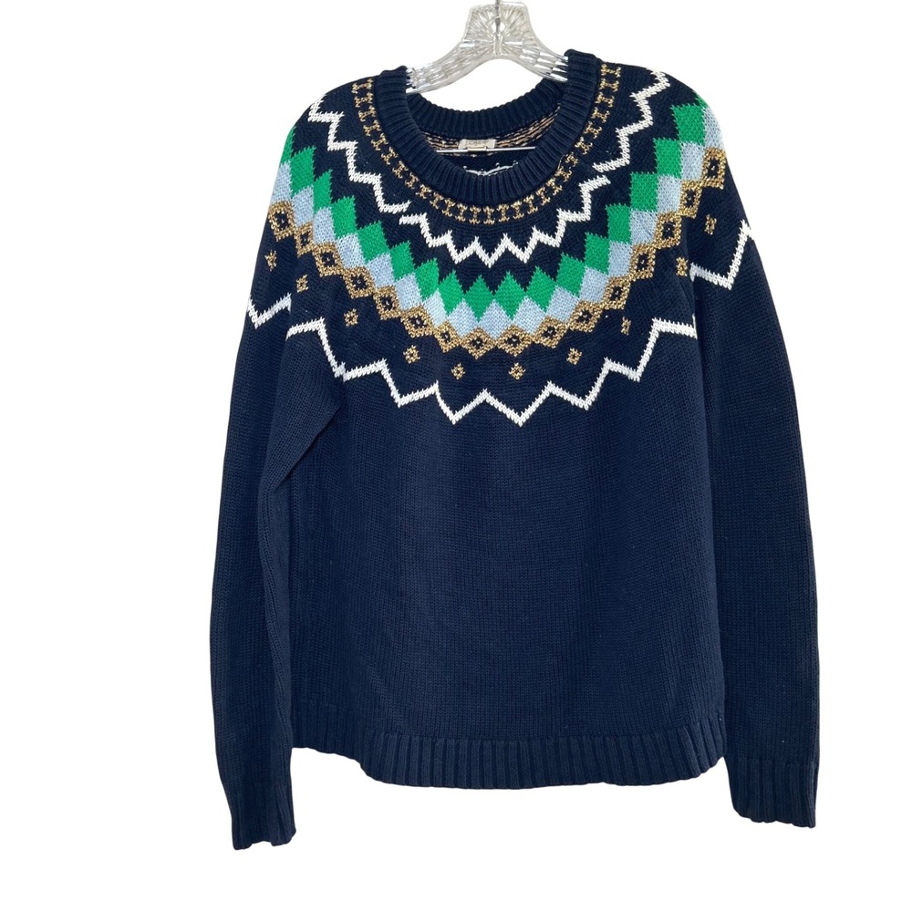J Crew Navy Fair Isle Sweater Women's L Green Blue Gold Sparkle Knit holiday